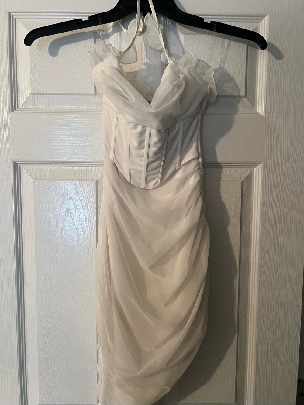 Oh Polly Strapless White Ruched Chiffon Corset Dress